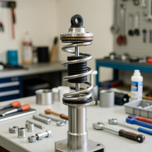 Gros plan réaliste d’un amortisseur de suspension automobile sur un banc d’essai dans un atelier, avec des pièces et outils à proximité.