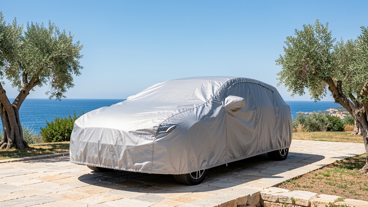Voiture argentée garée à l’extérieur sur la Côte d’Azur et protégée par une housse ajustée contre le soleil, le vent et les intempéries.