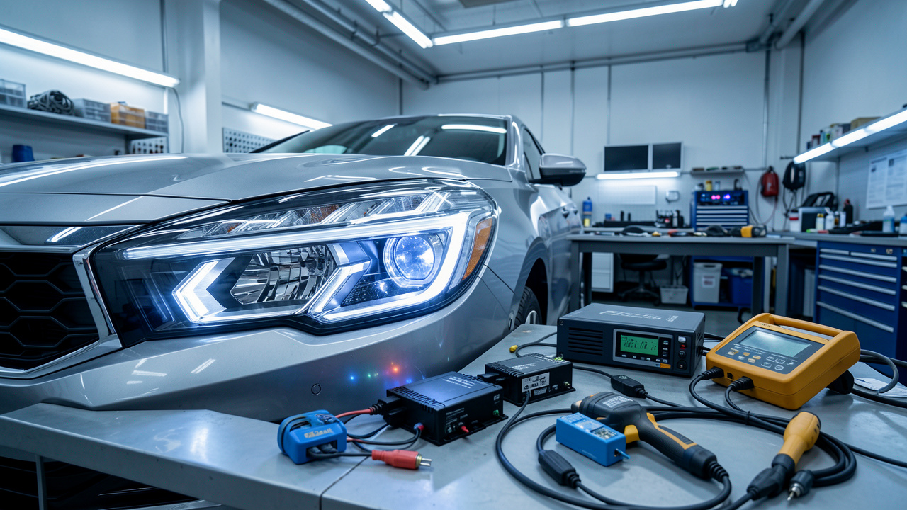 Éléments de phare automobile à LED et modules électroniques embarqués disposés dans un atelier de maintenance, illustrant l’évolution de l’entretien des véhicules.