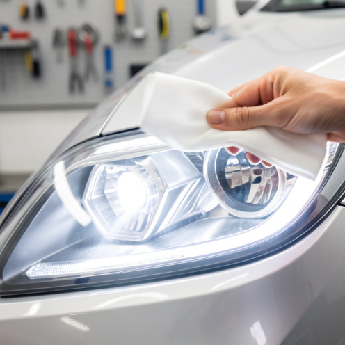 Gros plan réaliste d’une lingette de nettoyage rénovant l’optique d’un phare de voiture dans un atelier, avec lumière naturelle et mise au point sur la surface du phare.