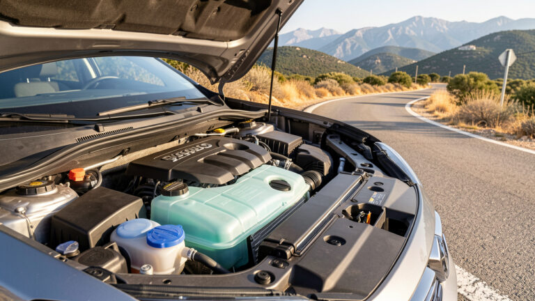Système de refroidissement d’un moteur automobile avec liquide bleu-vert visible dans le réservoir, dans un paysage montagneux ensoleillé des Alpes-Maritimes.