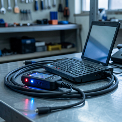 Ordinateur portable et outil de diagnostic automobile réalistes sur un établi d’atelier, avec câbles et voyants lumineux, éclairage naturel documentaire, vue rapprochée.