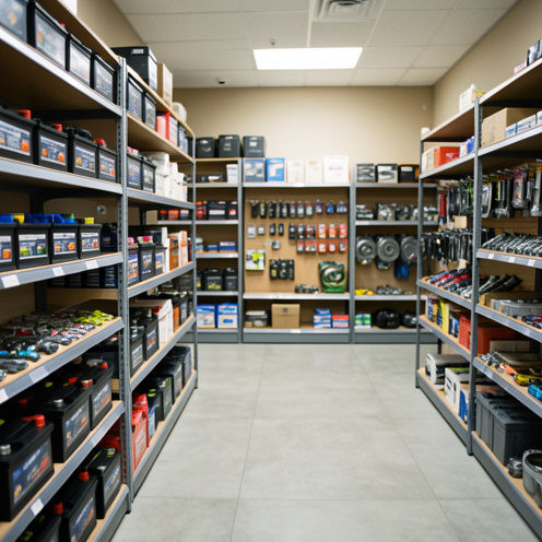 Intérieur d’un magasin de pièces auto à Mouans-Sartoux, avec des étagères présentant des batteries pour voiture et divers accessoires automobiles.