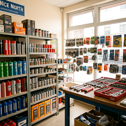 Intérieur lumineux d’un magasin de pièces auto à Nice Nord, avec des étagères remplies de pièces, des batteries et des accessoires, vue documentaire réaliste.