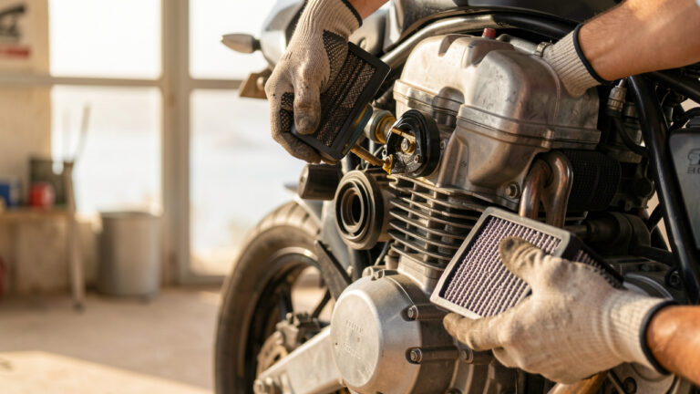Gros plan d’une moto et du moteur avec des filtres et de l’huile moteur préparés pour la pose, sous une lumière naturelle évoquant un climat méditerranéen.