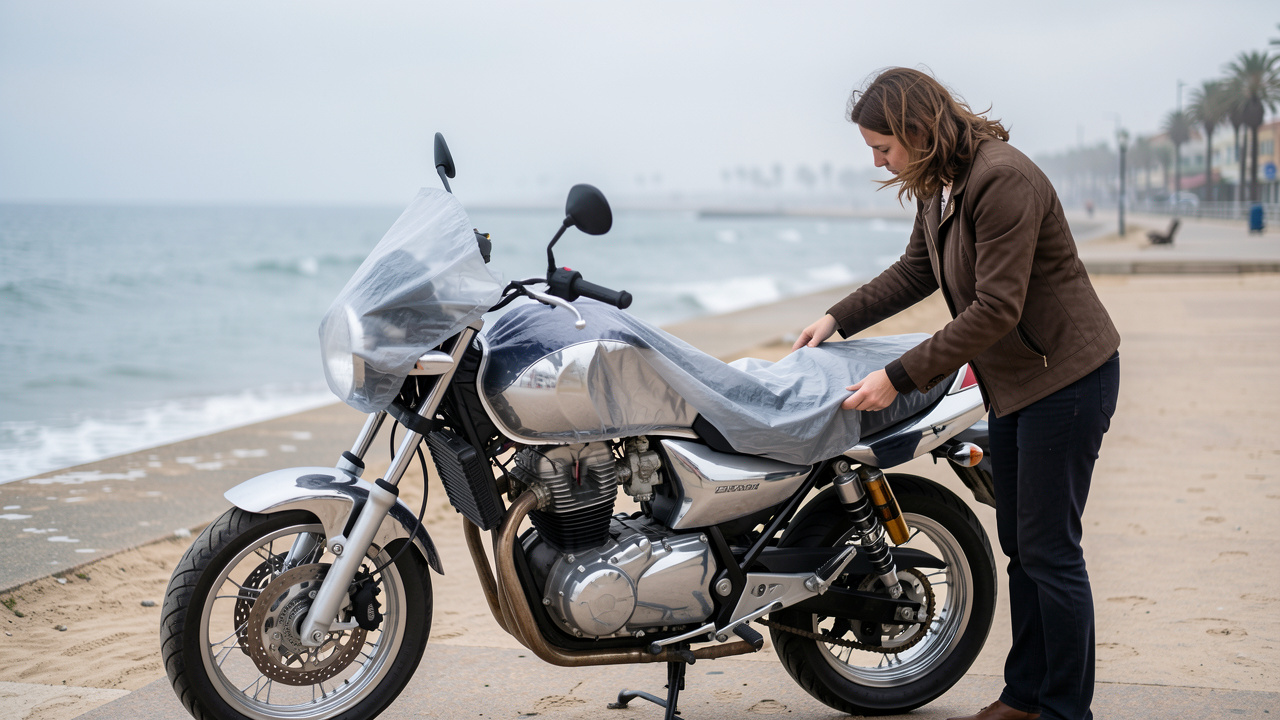 Une moto stationnée au bord de la mer, avec une femme installant une housse de protection pour protéger le deux-roues de l’air salin.