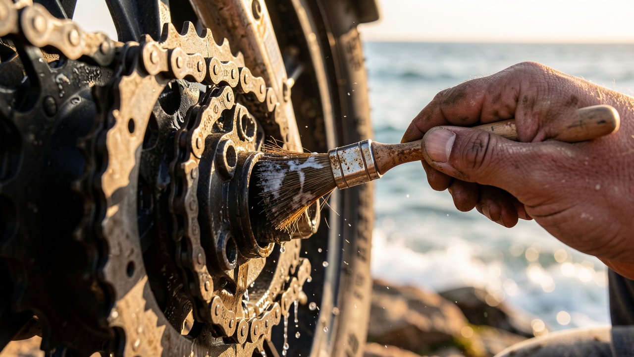 Gros plan sur la chaîne de transmission d’une moto nettoyée et lubrifiée près de la côte, avec l’air marin et la corrosion à l’œuvre.