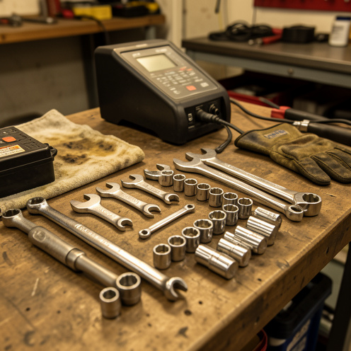 Vue réaliste d’un établi d’atelier automobile avec des outils professionnels, clés et douilles disposées, éclairage chaud et arrière-plan d’atelier.