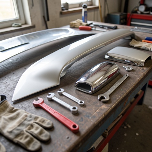 Gros plan d’une pièce de carrosserie automobile et d’accessoires de carrosserie disposés sur un établi dans un atelier, éclairage naturel et rendu photographique réaliste.