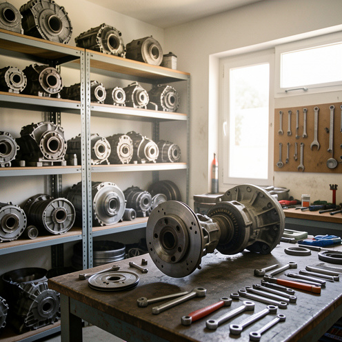Atelier de pièces automobiles à Mandelieu-la-Napoule avec des composants moteurs et des outils sur un établi, lumière naturelle et détails réalistes.