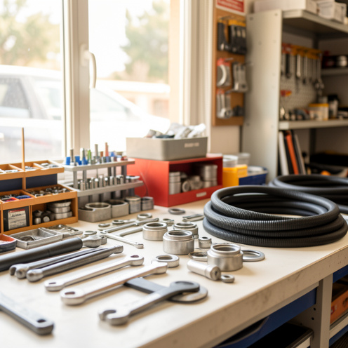 Pièces automobiles et accessoires détachés disposés sur un établi dans un atelier à Vallauris, avec des outils et des rangements soignés.