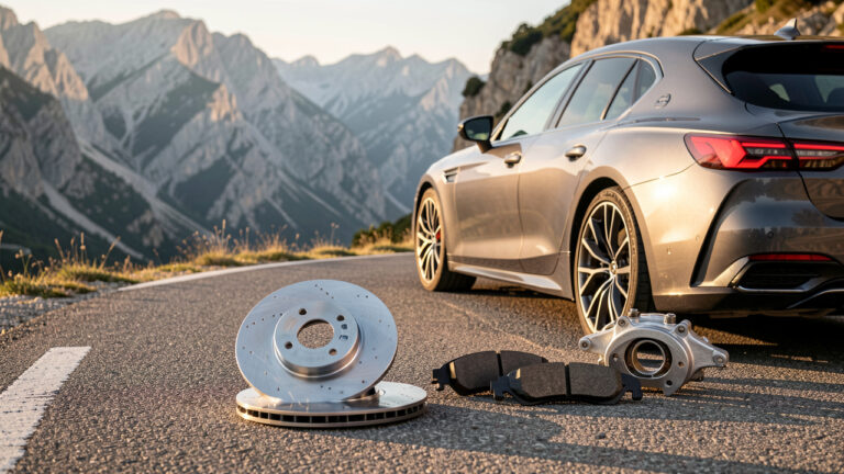 Pièces de freinage automobile soigneusement disposées près d’une voiture sur une route de montagne des Alpes-Maritimes.