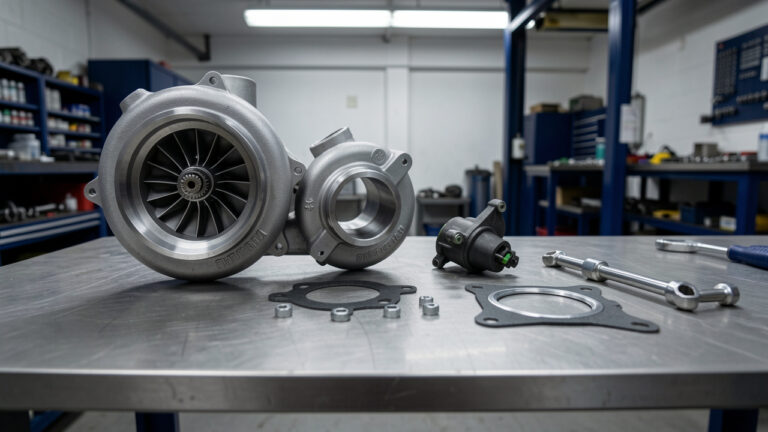 Pièces de suralimentation automobile soigneusement disposées sur un établi de garage pour l’entretien d’un véhicule.