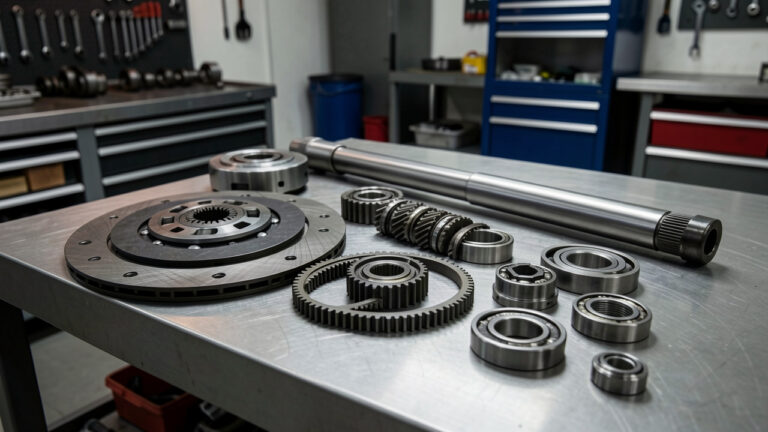 Pièces de transmission automobile disposées sur un établi propre dans un atelier, illustrant un entretien fiable et soigneux.