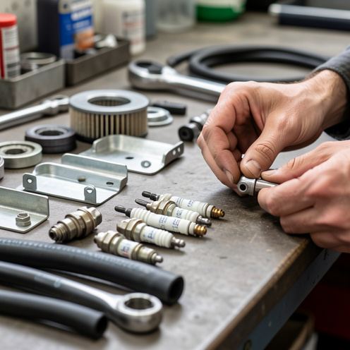 Atelier automobile avec pièces détachées et accessoires de voiture posés sur un établi, éclairage naturel doux et faible profondeur de champ.
