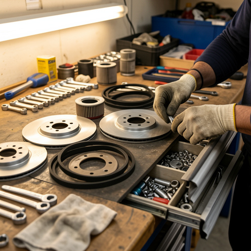 Pièces détachées automobiles soigneusement rangées dans un atelier à proximité du littoral, avec des outils et des mains gantées qui sélectionnent des composants.