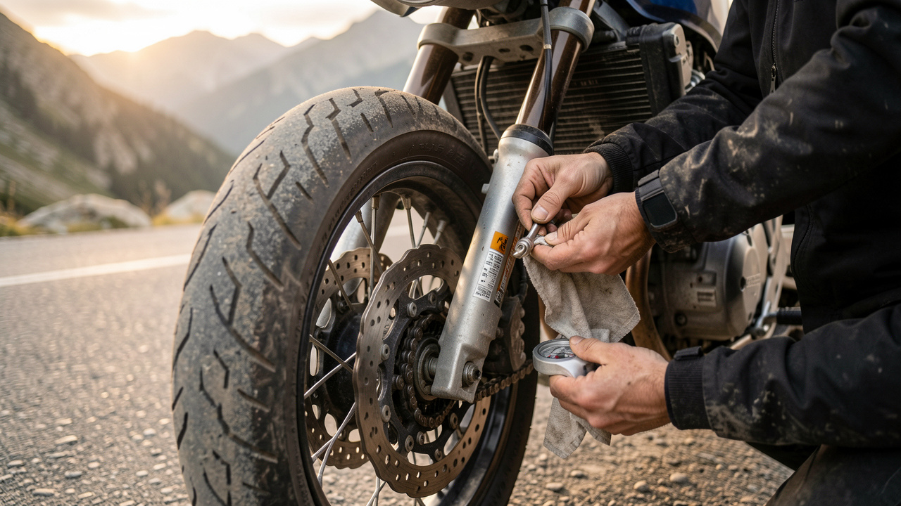 Un motard vérifie avant le départ l’état d’usure d’une moto sur une route de montagne des Alpes-Maritimes : freins, pneus, chaîne et amortisseurs.