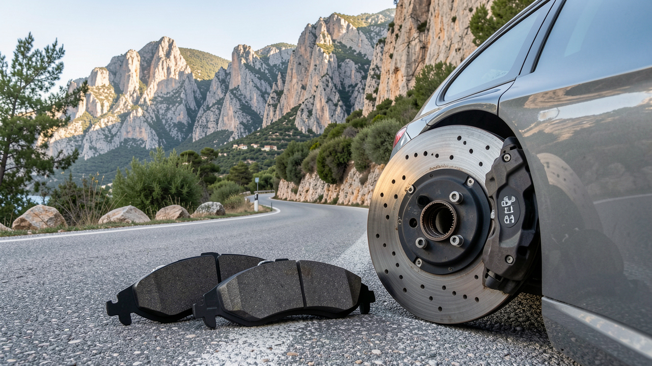 Plaquettes de frein et disque ventilé présentés près d’une voiture sur une route sinueuse des Alpes-Maritimes, avec les montagnes en arrière-plan.