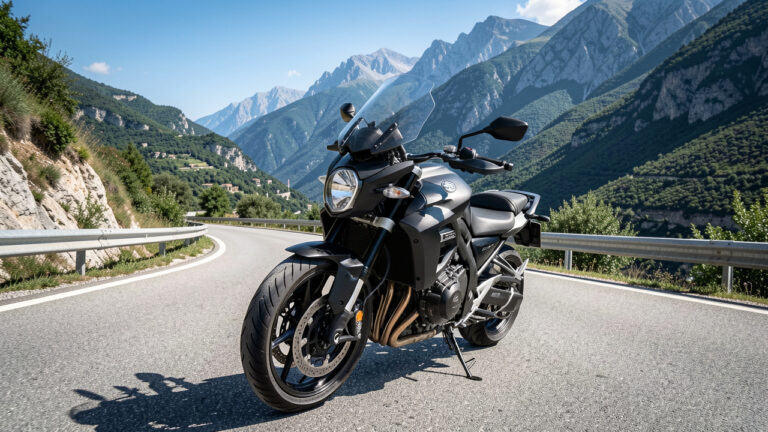 Pneus de moto sur une route sinueuse des Alpes-Maritimes, avec les montagnes et le paysage méditerranéen en arrière-plan.