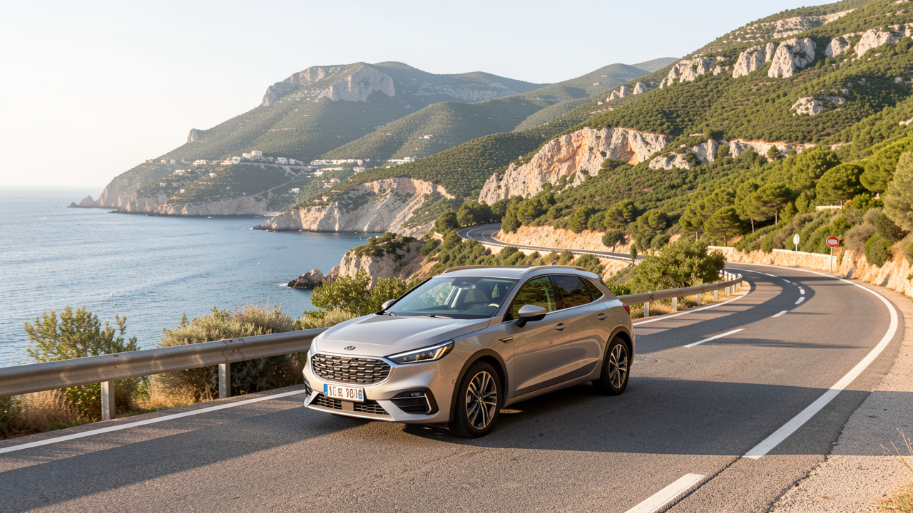 Voiture moderne roulant sereinement sur une route entre le littoral méditerranéen de Nice et les collines de l’arrière-pays.