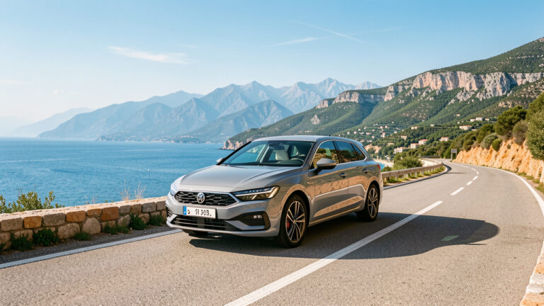 Voiture équipée de pneus toutes saisons roulant sur une route sinueuse entre le littoral méditerranéen et les montagnes des Alpes-Maritimes.