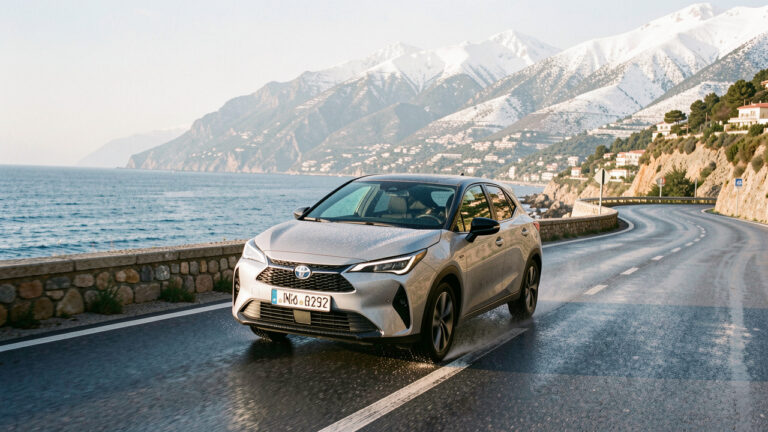 Voiture roulant sur une route sinueuse entre le littoral méditerranéen et les collines enneigées de l’arrière-pays niçois.