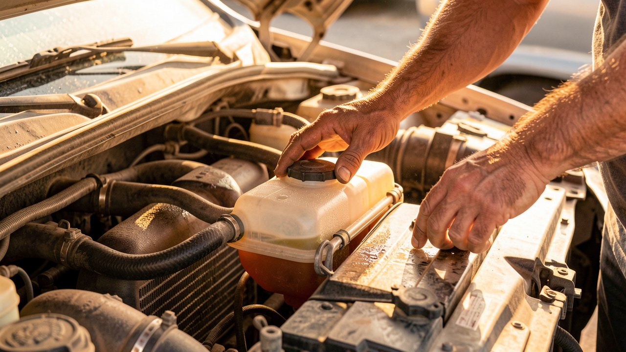 Contrôle réaliste du système de refroidissement d’une voiture : vérification des durites et du niveau de liquide de refroidissement sous le soleil chaud de la Côte d’Azur.