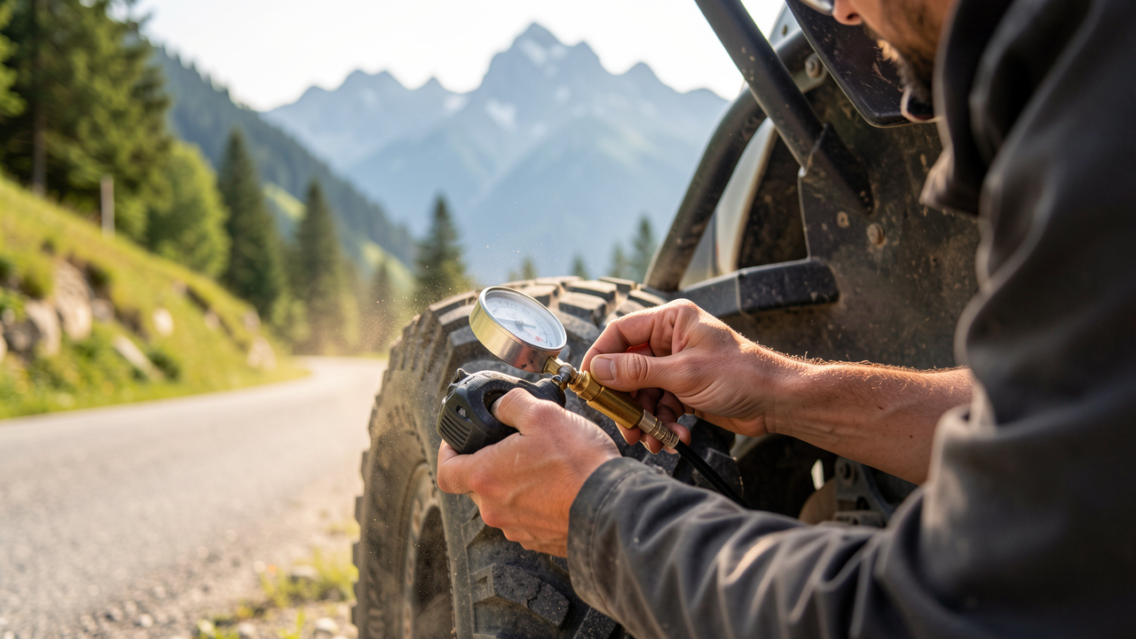 Photo réaliste en gros plan : un manomètre est utilisé pour ajuster la pression d’un pneu sur un véhicule au bord d’une route de montagne, avec des paysages alpins en arrière-plan pour illustrer la sécurité et l’économie de carburant.