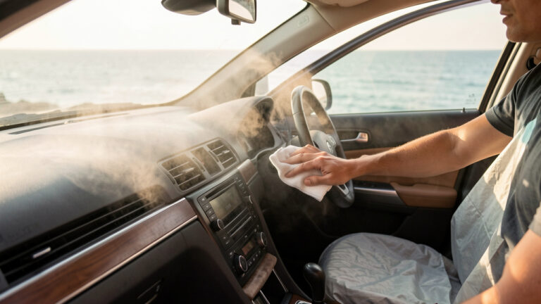 Voiture sur la Côte d’Azur près de la mer, nettoyage des joints et du tableau de bord pour protéger la climatisation et l’habitacle contre l’humidité et le sel.
