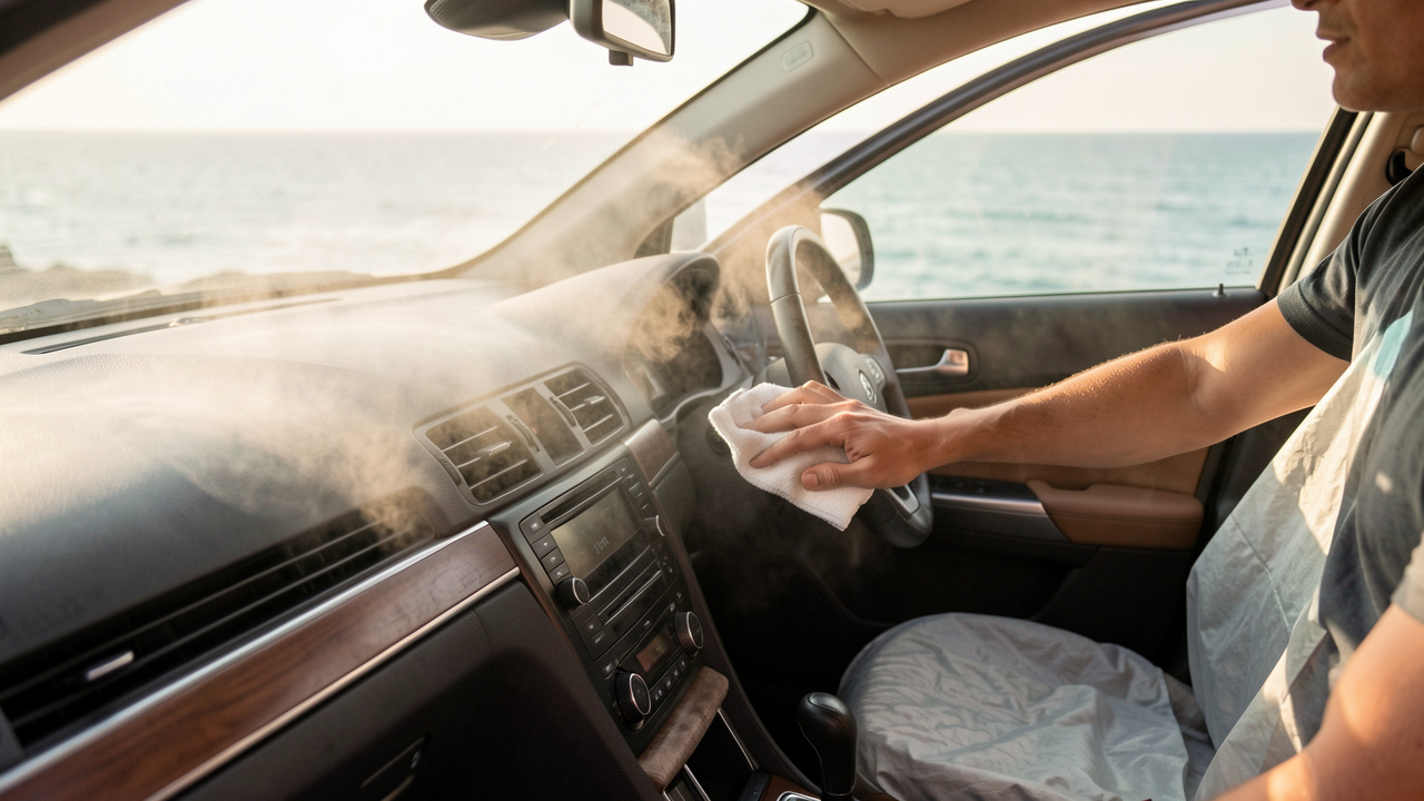 Voiture sur la Côte d’Azur près de la mer, nettoyage des joints et du tableau de bord pour protéger la climatisation et l’habitacle contre l’humidité et le sel.