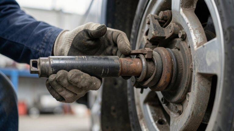 Gros plan en atelier sur des mains gantées inspectant la rotule et le ressort de suspension d’une voiture, éclairage doux et arrière-plan flou.
