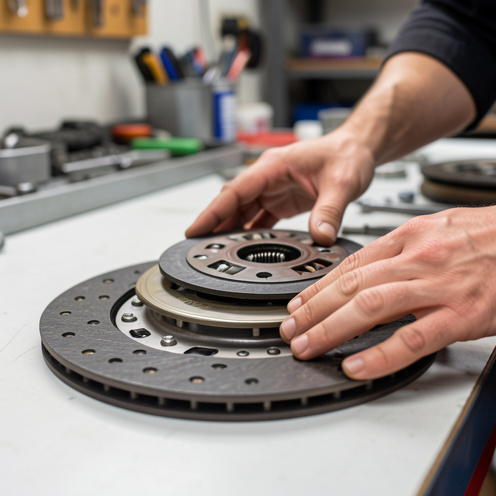 Photo réaliste en atelier montrant un embrayage bi-masse et un volant moteur sur un établi, avec des pièces alignées pour illustrer le remplacement et le fonctionnement.