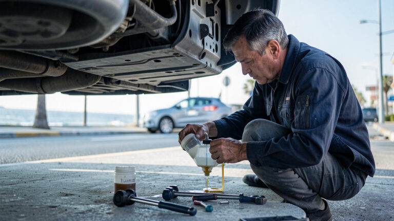 Un mécanicien vérifie le liquide de transmission automatique d’une voiture près d’une route urbaine et côtière.