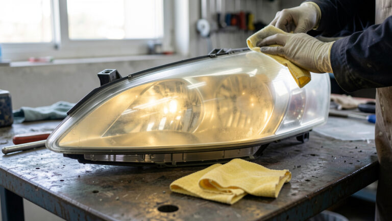 Gros plan réaliste d’un optique de phare terni en cours de restauration, nettoyé et poli avec un chiffon microfibre, avec une couche protectrice pour redonner de la clarté.