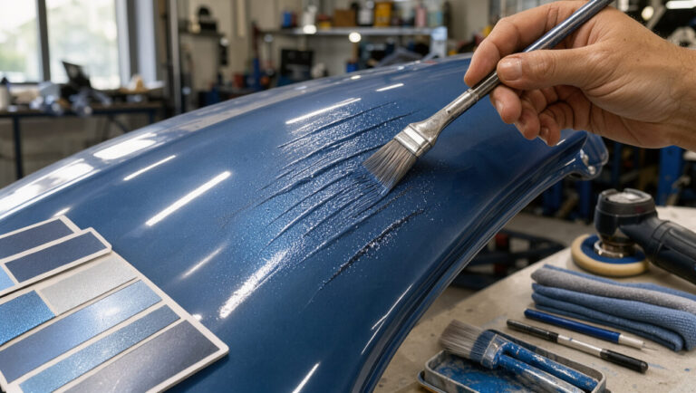 Gros plan sur une aile de voiture bleue en cours de retouche avec un pinceau de précision, des échantillons de couleur et des outils de polissage dans un atelier automobile.