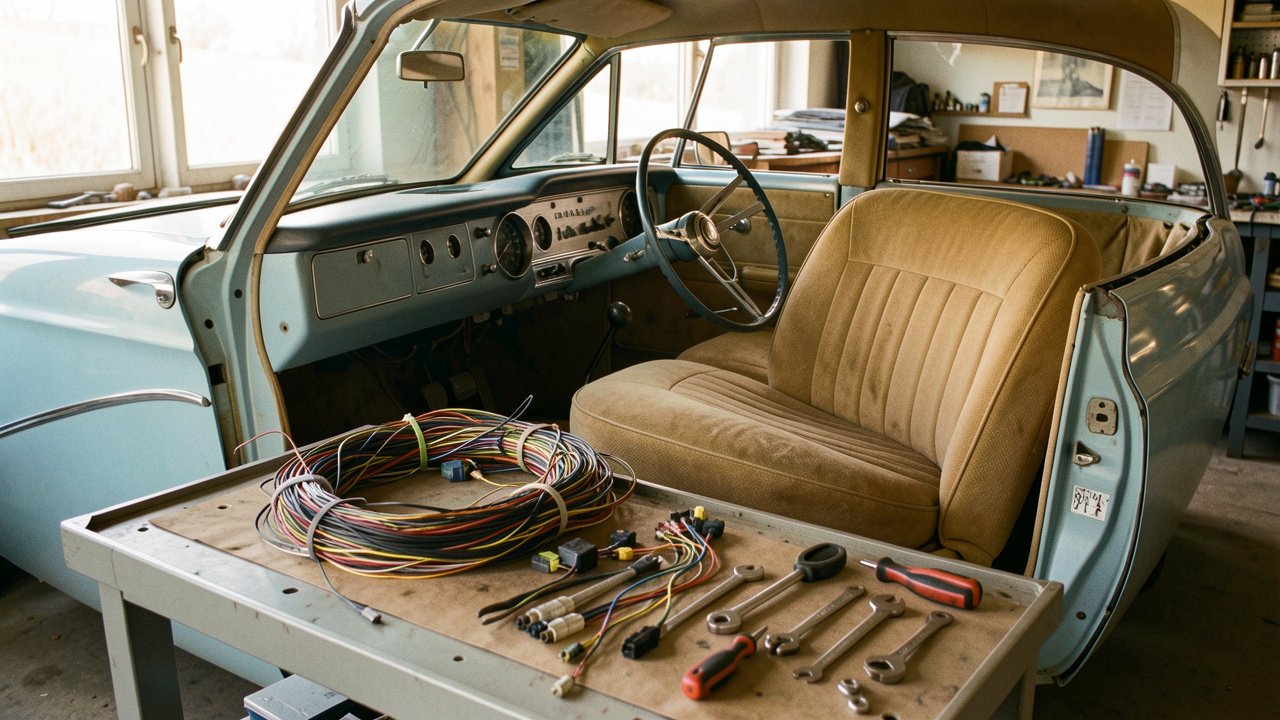 Habitacle d’une voiture ancienne en rénovation, avec des faisceaux électriques exposés et un siège automobile démonté dans un atelier.
