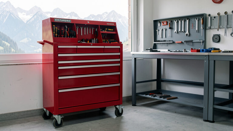 Servante d’atelier rouge avec outils bien rangés dans un garage automobile propre, avec les montagnes des Alpes-Maritimes visibles en arrière-plan.