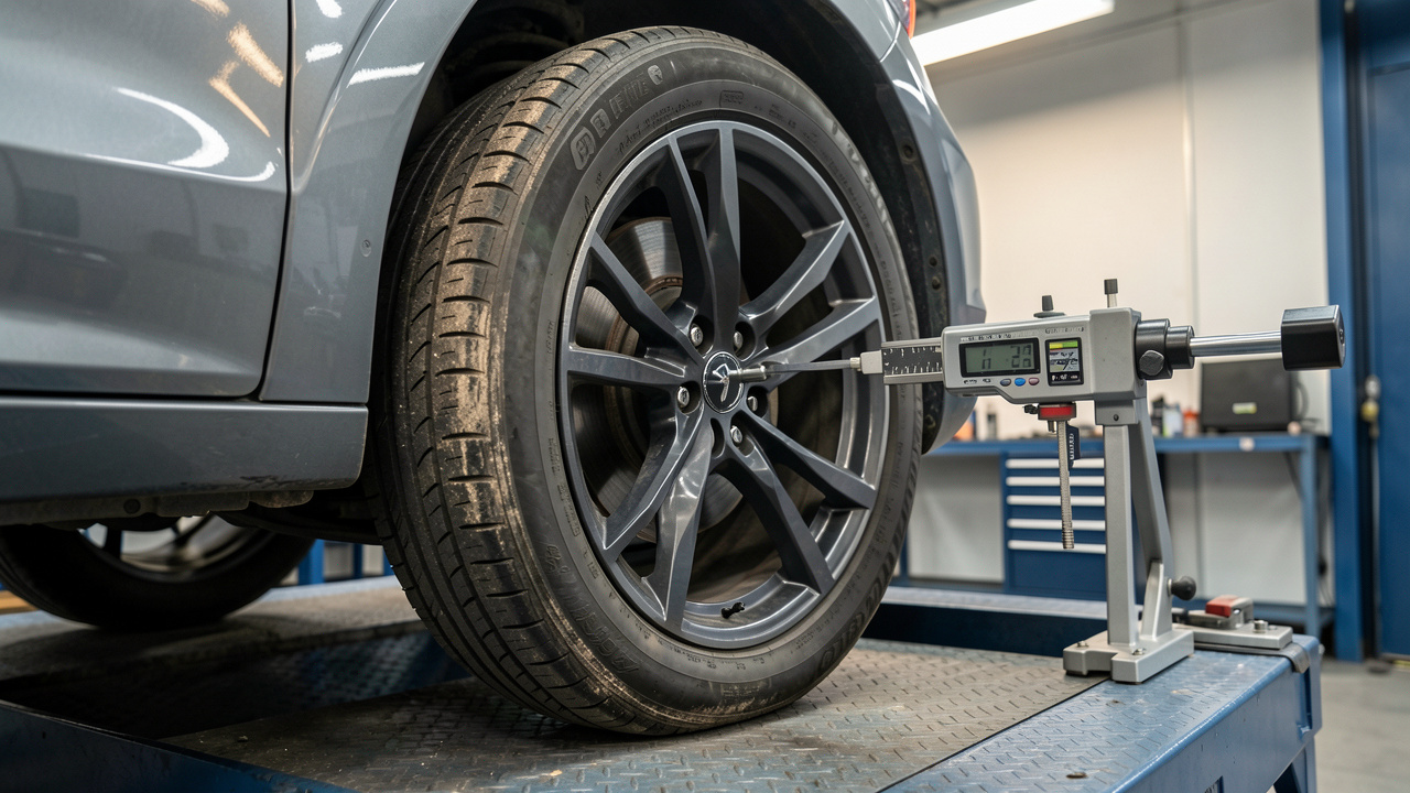 Gros plan sur une roue de voiture installée sur une plateforme de contrôle, avec des appareils mesurant la géométrie et une usure irrégulière visible sur la bande de roulement.