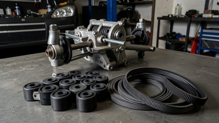 Silentblocs et courroies automobiles robustes disposés près d’un ensemble de suspension propre dans un atelier.