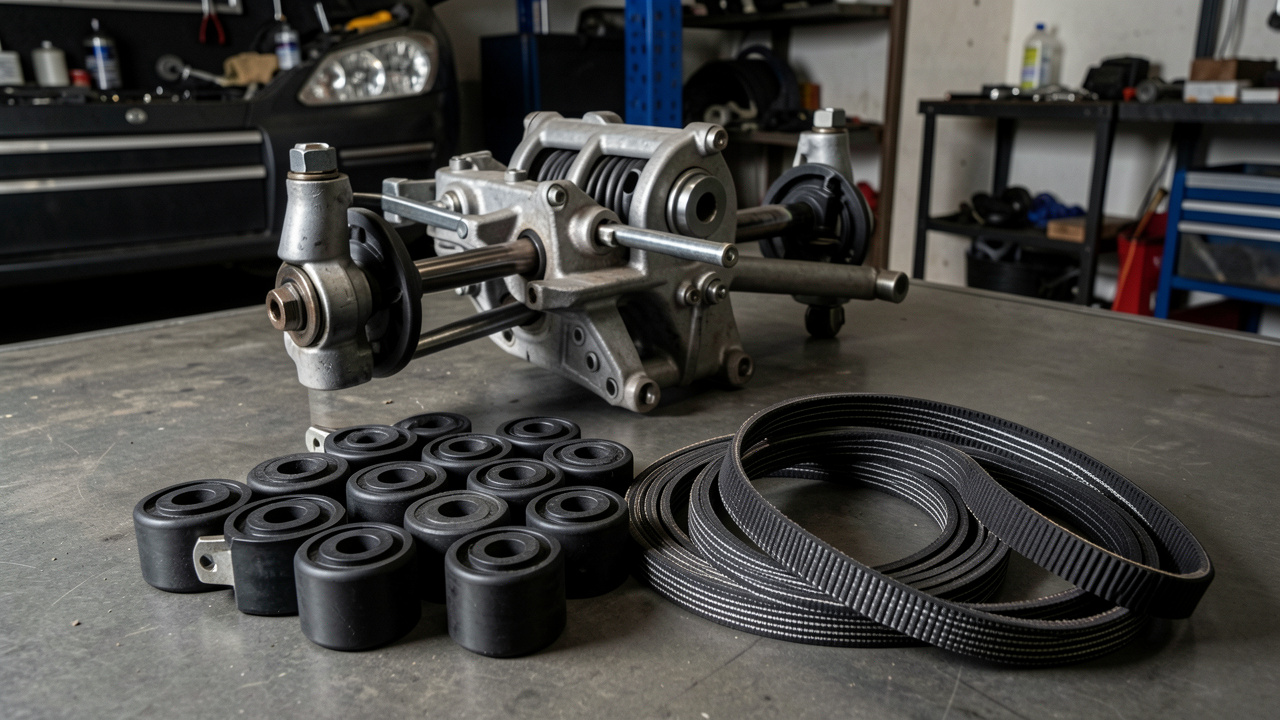 Silentblocs et courroies automobiles robustes disposés près d’un ensemble de suspension propre dans un atelier.
