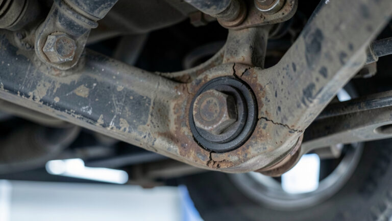 Gros plan sur un bras de suspension automobile usé, avec une bague en caoutchouc fissurée et de légères traces de corrosion.