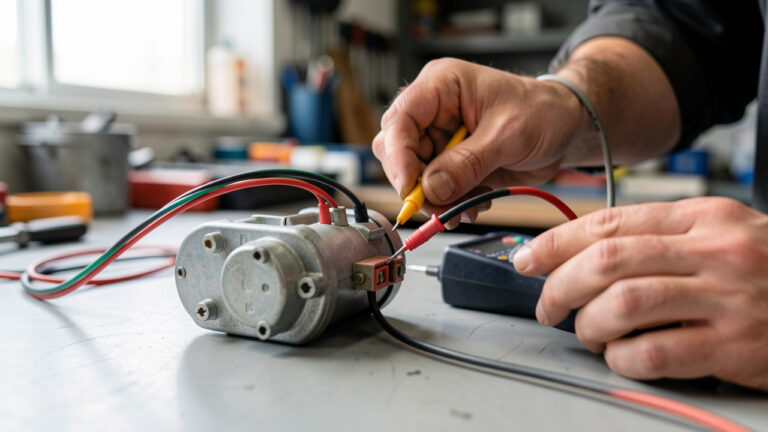 gros plan d’un relais de démarreur automobile sur un établi, avec une mesure au multimètre par un mécanicien pour vérifier son état et éviter une mauvaise identification de panne électrique