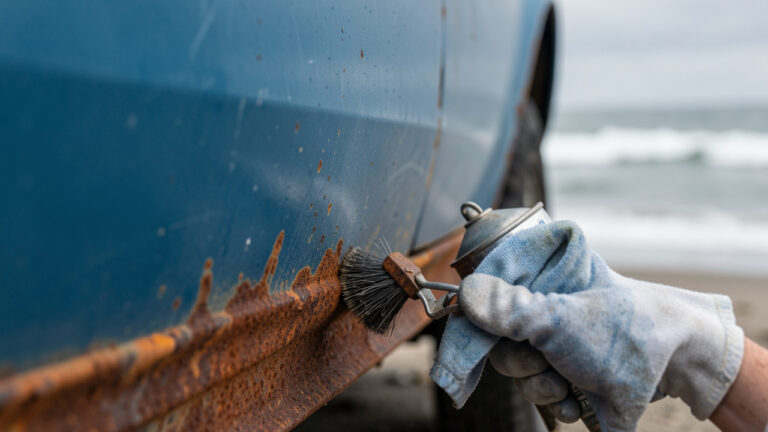 Gros plan sur une zone rouillée de la portière bleue d’une voiture près de la mer, avec des outils de traitement de la corrosion.