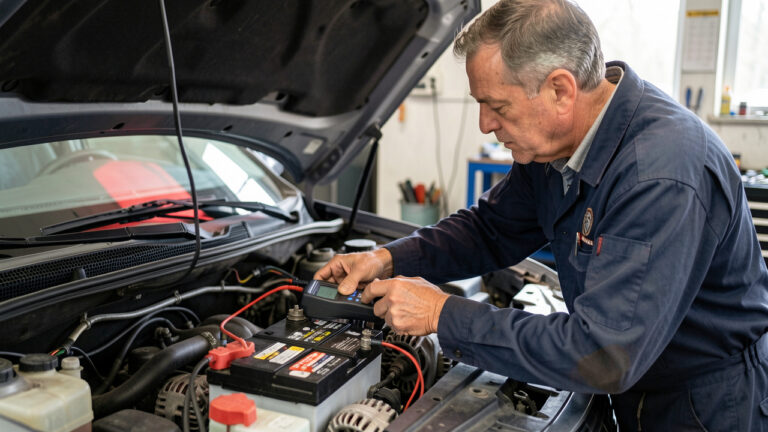 Mécanicien vérifiant la batterie et l’alternateur d’une voiture avec un multimètre, capot ouvert dans un atelier éclairé par la lumière du jour.